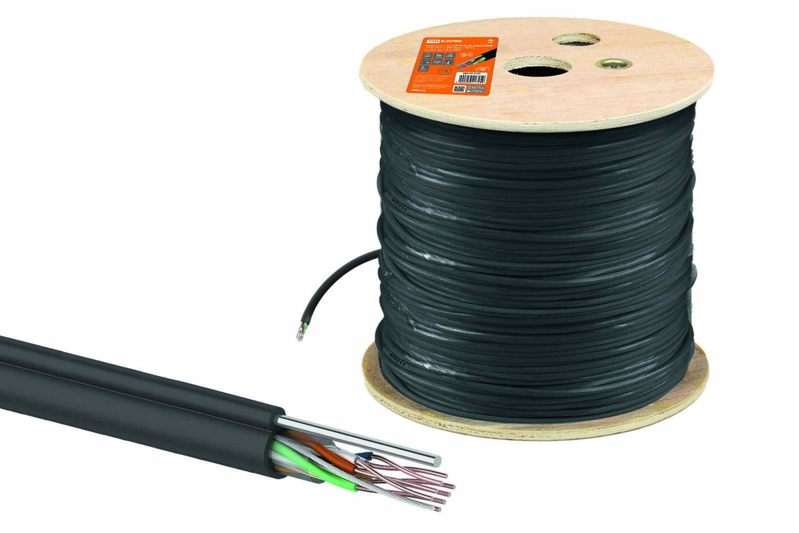 Кабель витая пара U/UTP Cat 5e 4х2х24AWG (305м) solid, PE наружн прокл чёр трос 1,2мм(SQ0107-0107)