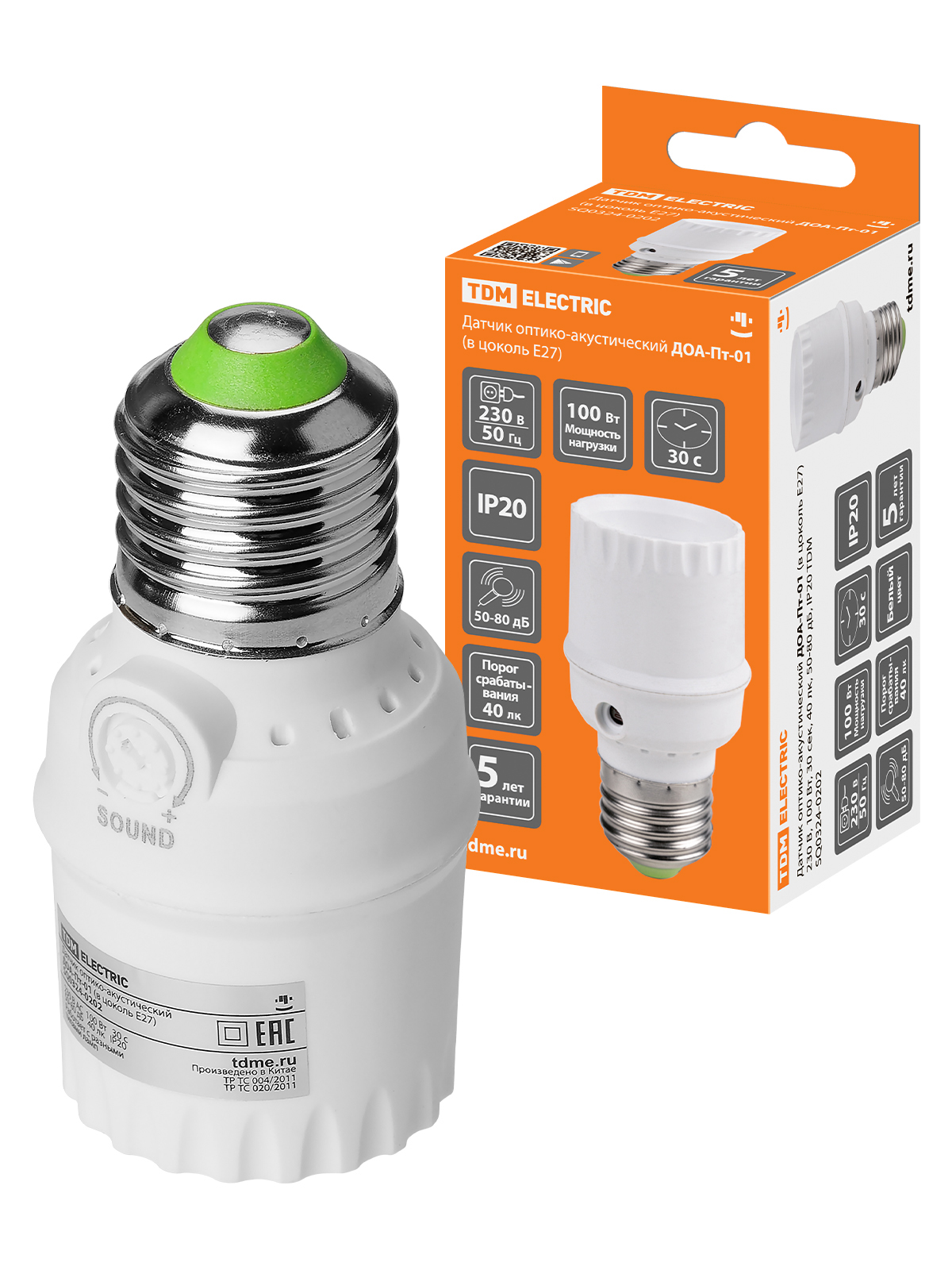 Senzor optico-acustic DOA-Pt-01 (în soclu E27) 230V, 100W, 30s, 40lk, 50-80dB, IP20 TDM