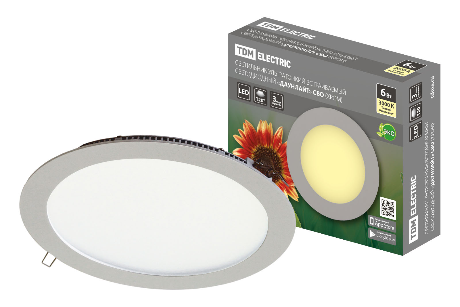 Lumină ultra subțire încastrabilă cu LED „Downlight” SVO (crom) 6 W 3000K TDM