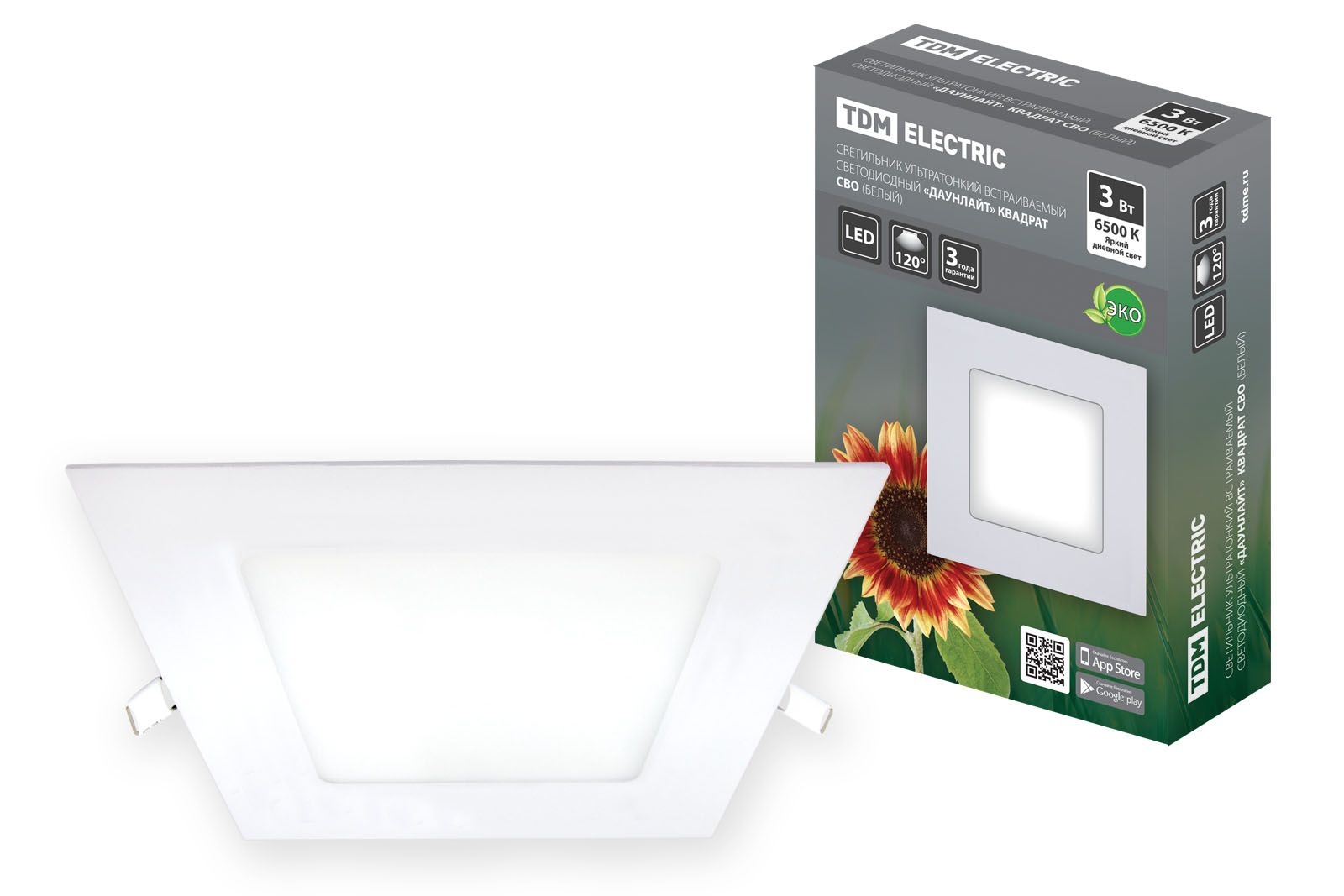 Lumină ultra subțire încastrabilă LED „Downlight” pătrat SVO (alb) 3 W 6500K TDM