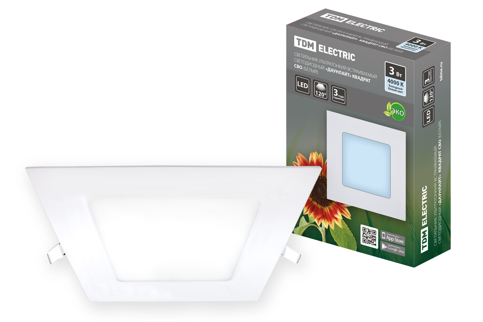Lumină ultra subțire încastrabilă LED „Downlight” pătrat SVO (alb) 3 W 4000K TDM