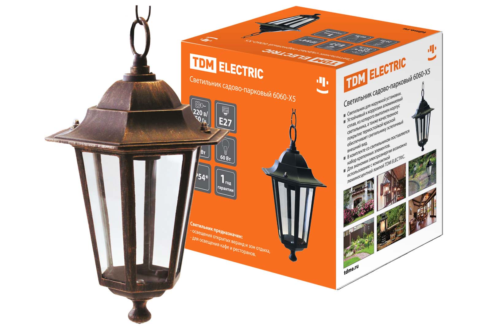 Lumină 6060-15 de grădină-parc hexagonal, 60W, suspendat, bronz TDM