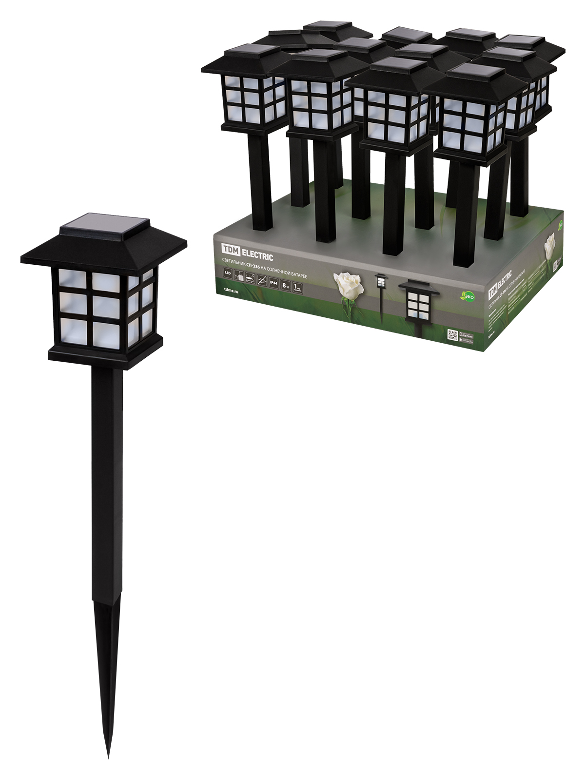 Lumină SP‑336 pe panou solar, 8,5×8,5×36 cm, plastic, negru, DB, TDM