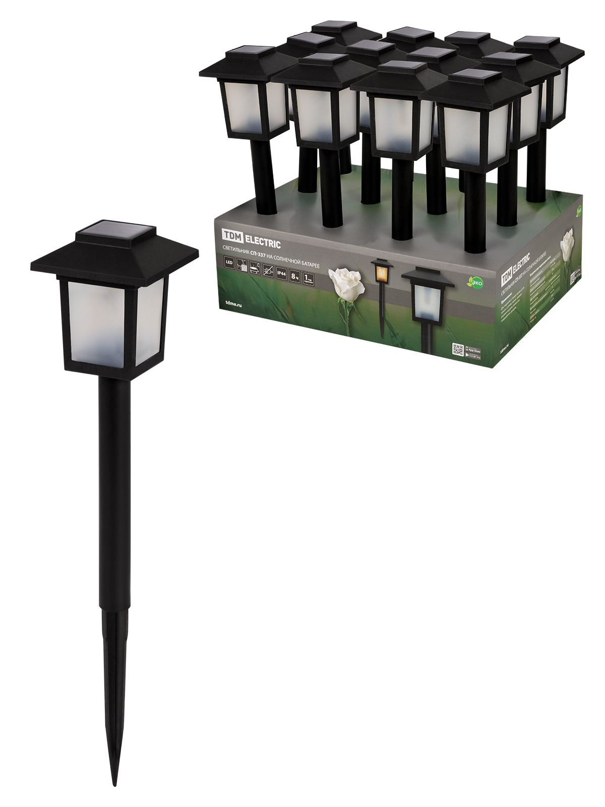 Lumină SP‑337 pe panou solar, 7×7×34 cm, plastic, negru, 10 LED, DB, TDM