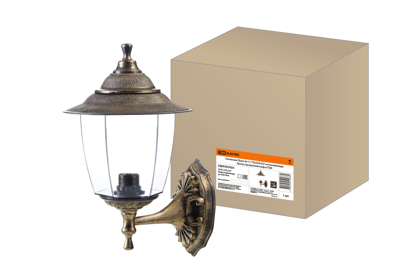 Lumină Praga El-11-71B 60 W E27 de perete în sus bronz, abajur transparent TDM