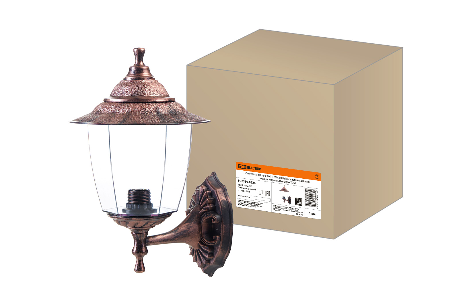 Lumină Praga El-11-71M 60 W E27 de perete în sus cupru, abajur transparent TDM