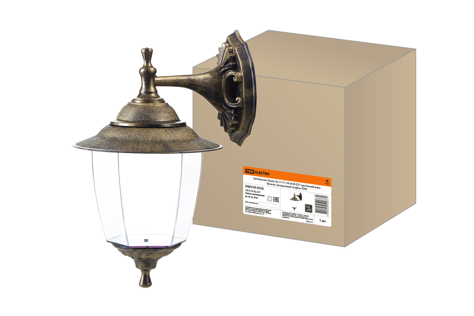 Lumină Praga El-11-71-1B 60 W E27 de perete în jos bronz, abajur transparent TDM