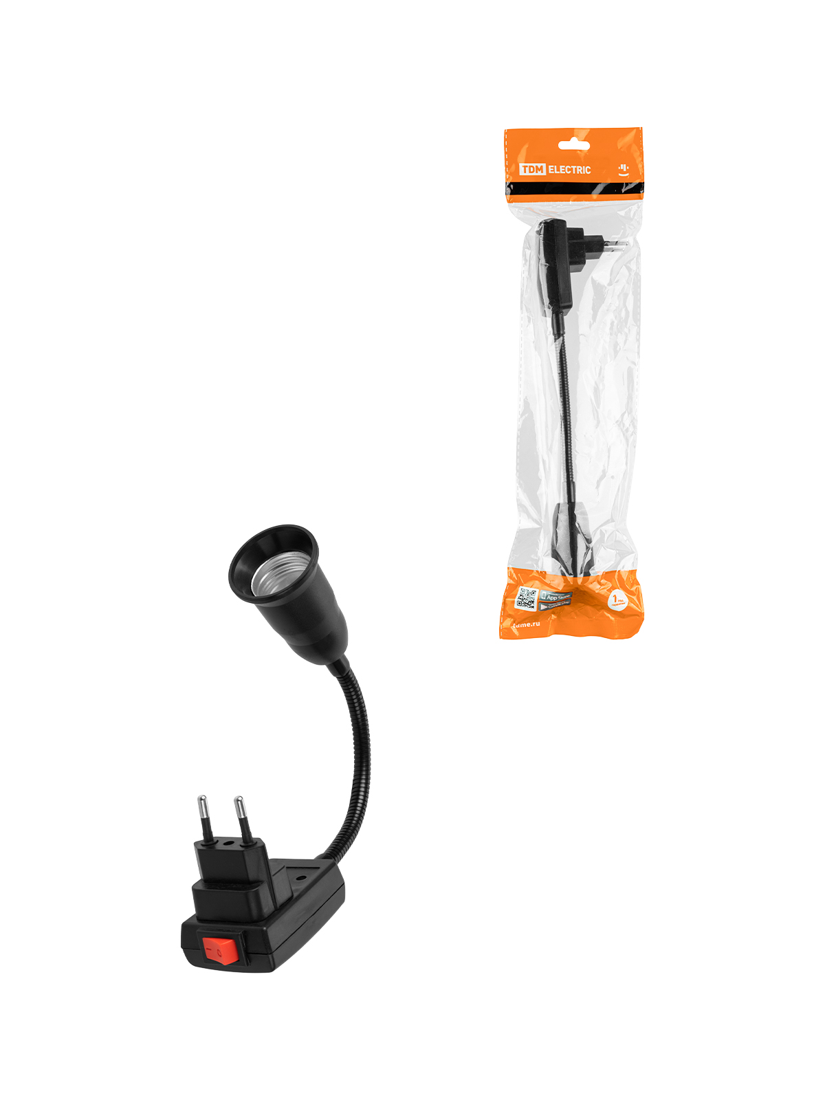Adaptor tip E27 flexibil 150 mm cu întrerupător, negru, TDM
