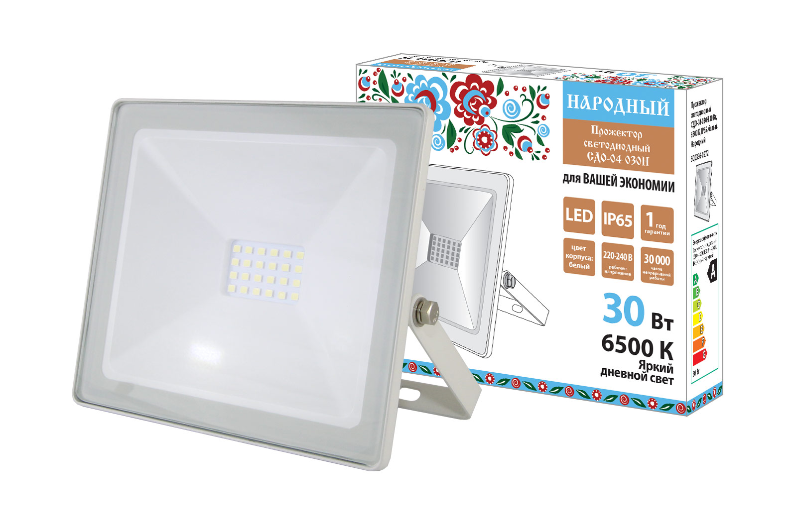Proiector LED СДО-04-030Н 30 W, 6500 K, IP65, alb, Народный(SQ0336-0272)