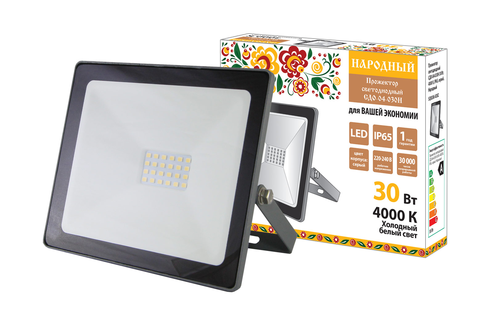 Proiector LED СДО-04-030Н 30W, 4000K, IP65, gri, Народный