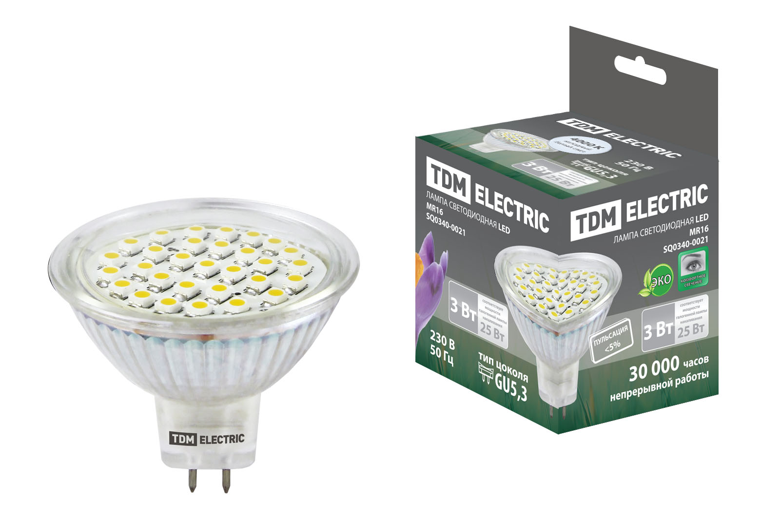 Лампа світлодіодна MR16-3 Вт-220 В -4000 К–GU 5,3 SMD TDM(SQ0340-0021)