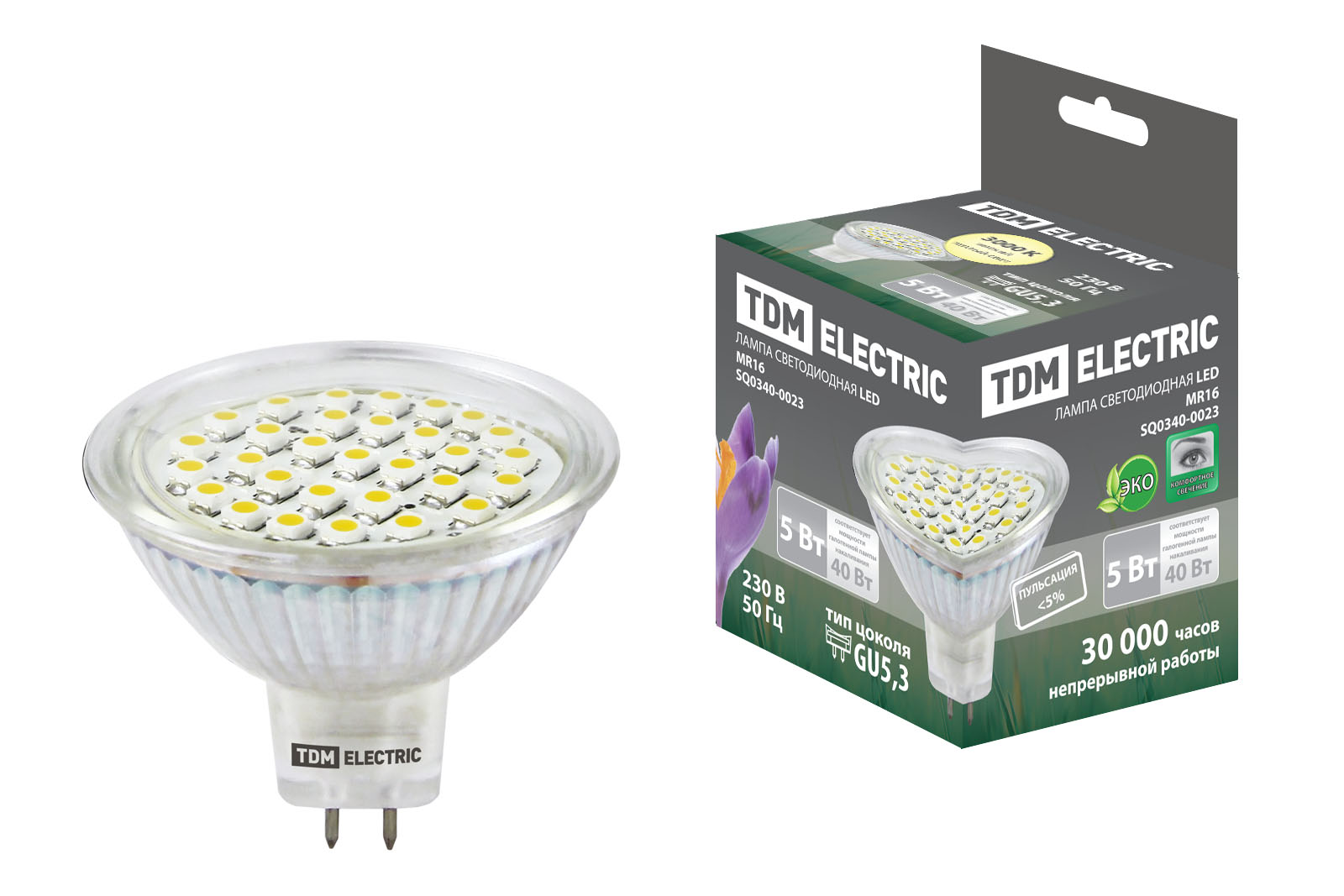 Лампа світлодіодна MR16-5 Вт-220 В -3000 К–GU 5,3 SMD TDM(SQ0340-0023)