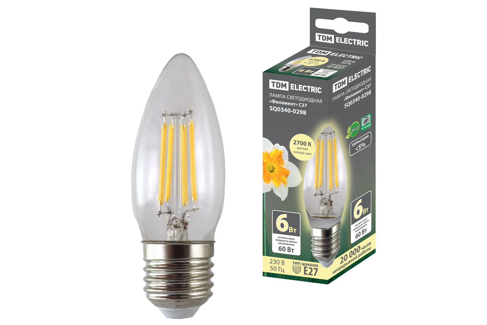 Lampă LED "Filament" C37-6 W-230 V-2700 K–E27 TDM