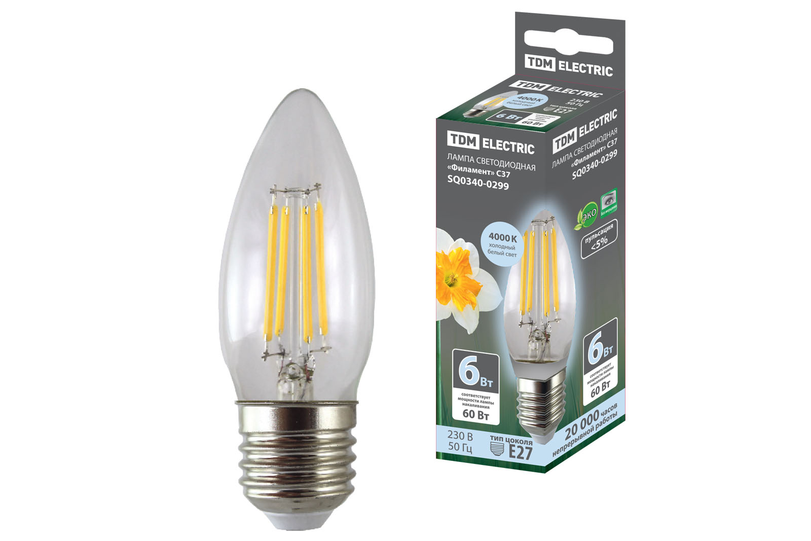 Lampă LED "Filament" C37-6 W-230 V-4000 K–E27 TDM