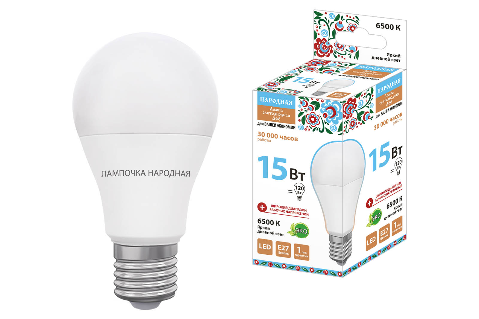 Lampa LED НЛ-LED-A60-15 Вт-230 В-6500 К-Е27, (60х112 мм), Народная(SQ0340-1516)