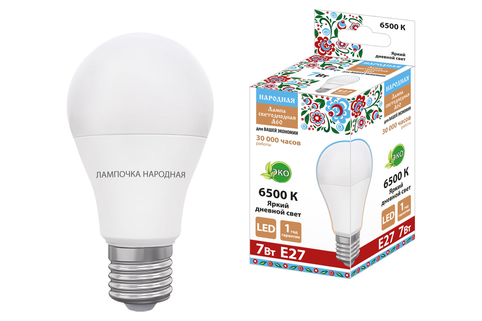Lampa LED НЛ-LED230-A60-7 Вт-230 В-6500 К-Е27, (60х106 мм), Народная(SQ0340-1625)