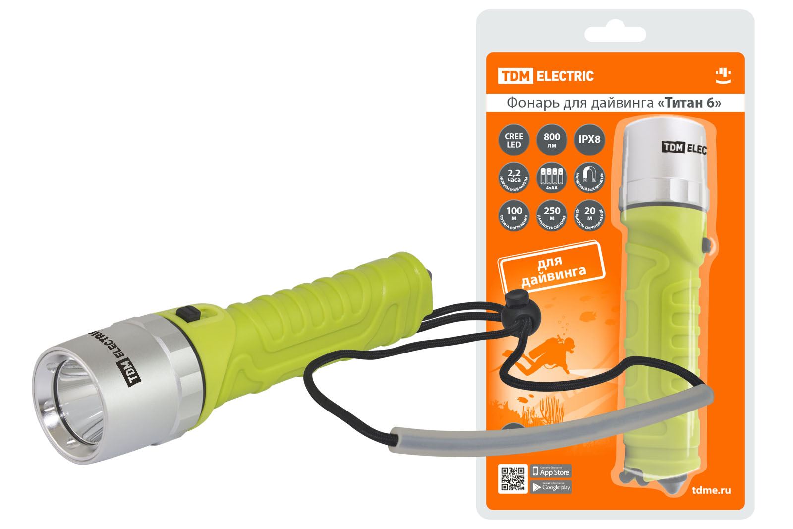 Lanternă „Titan 6” pentru scufundări, 10 W CREE 800 lm, 4xAA, IPX8, până la 100 m, TDM
