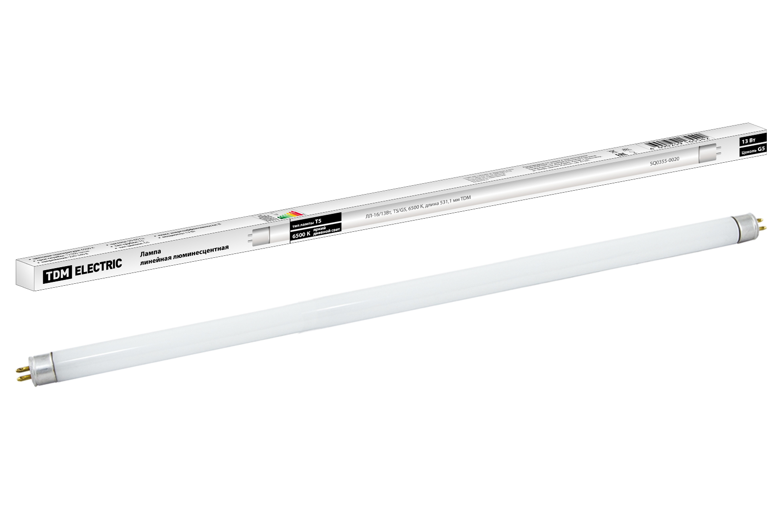 Lampa fluorescentă liniară cu două socluri LL-16/13W, T5/G5, 6500 K, lungime 531,1 mm TDM