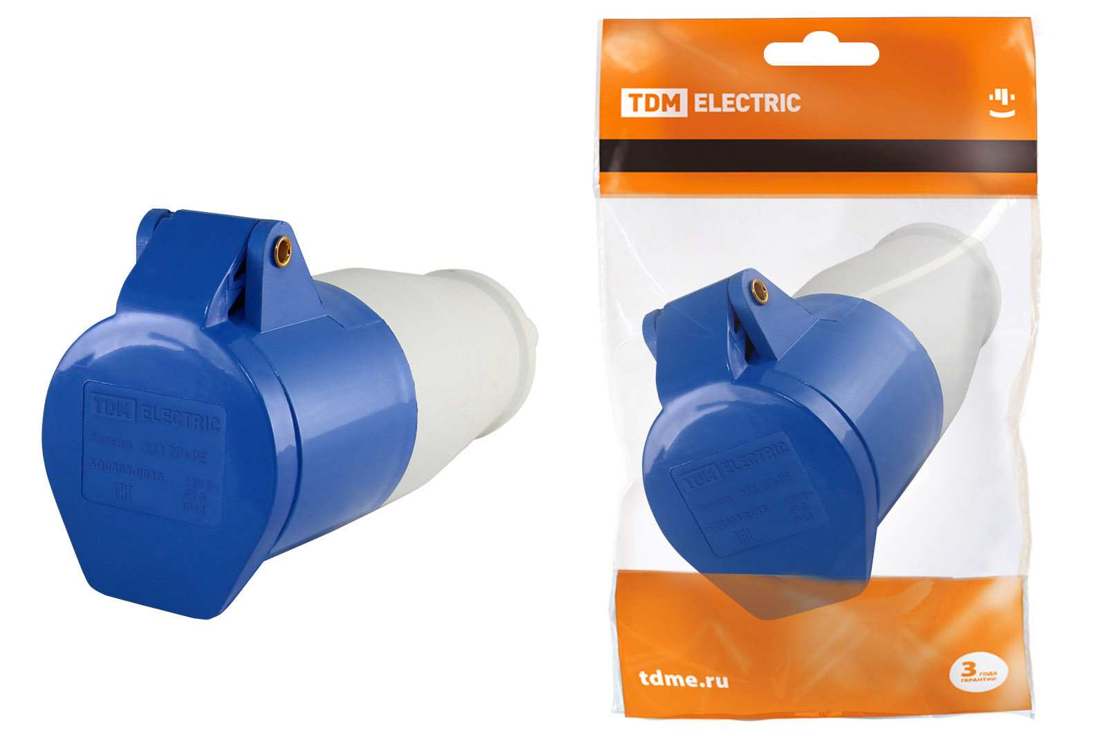Розетка 233 переносна 2Р+РЕ 63А 220В IP54 TDM