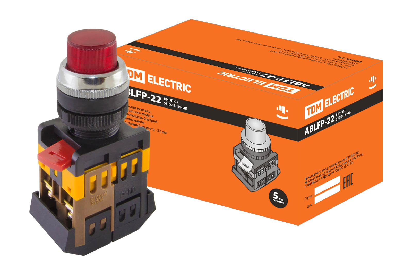 Кнопка ABLFP-22 красный d22мм неон/230В 1з+1р TDM(SQ0704-0005)