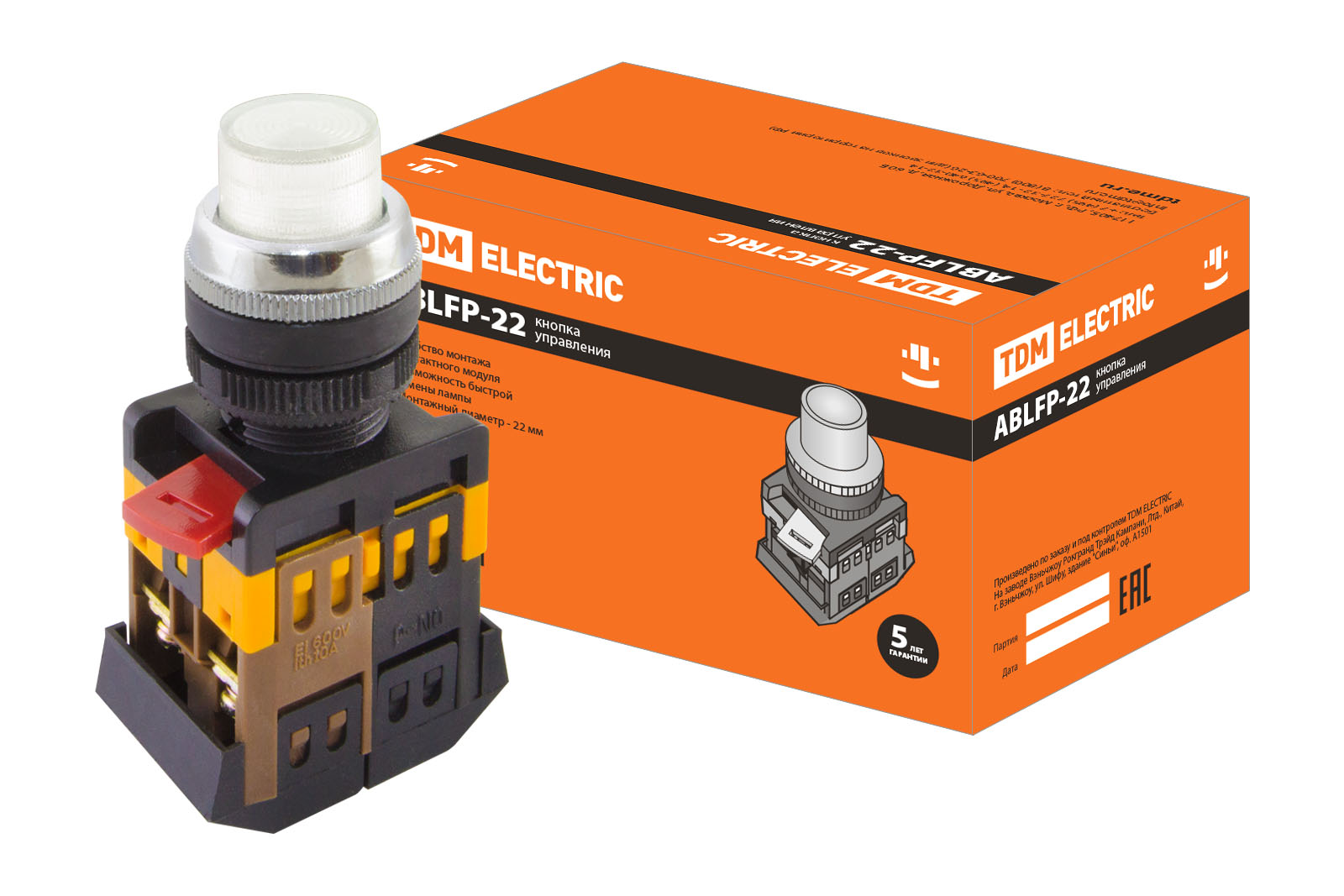 Кнопка ABLFP-22 білий d22мм неон/230В 1з+1р TDM