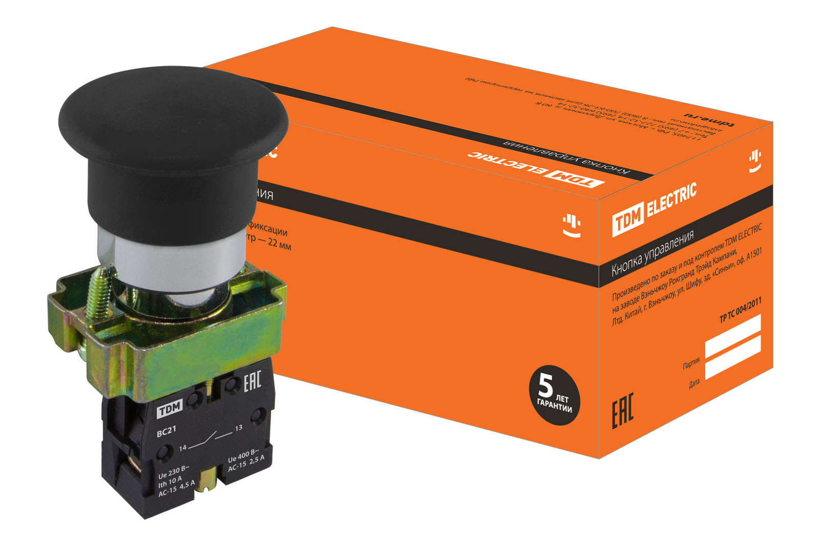 Кнопка грибовидна SB2-BC21 з поверненням, 1НО, d22 мм, чорна, IP40 TDM