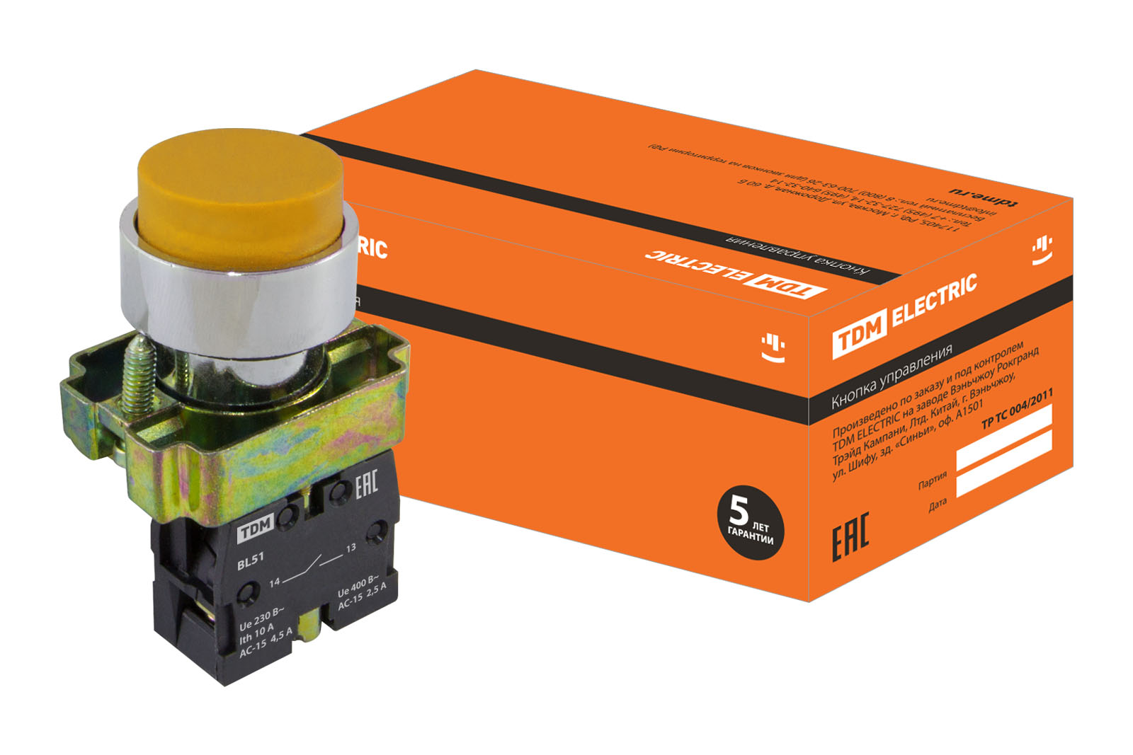 Кнопка SB2-BL51 з поверненням, 1НО, d22 мм, жовта, IP40 TDM