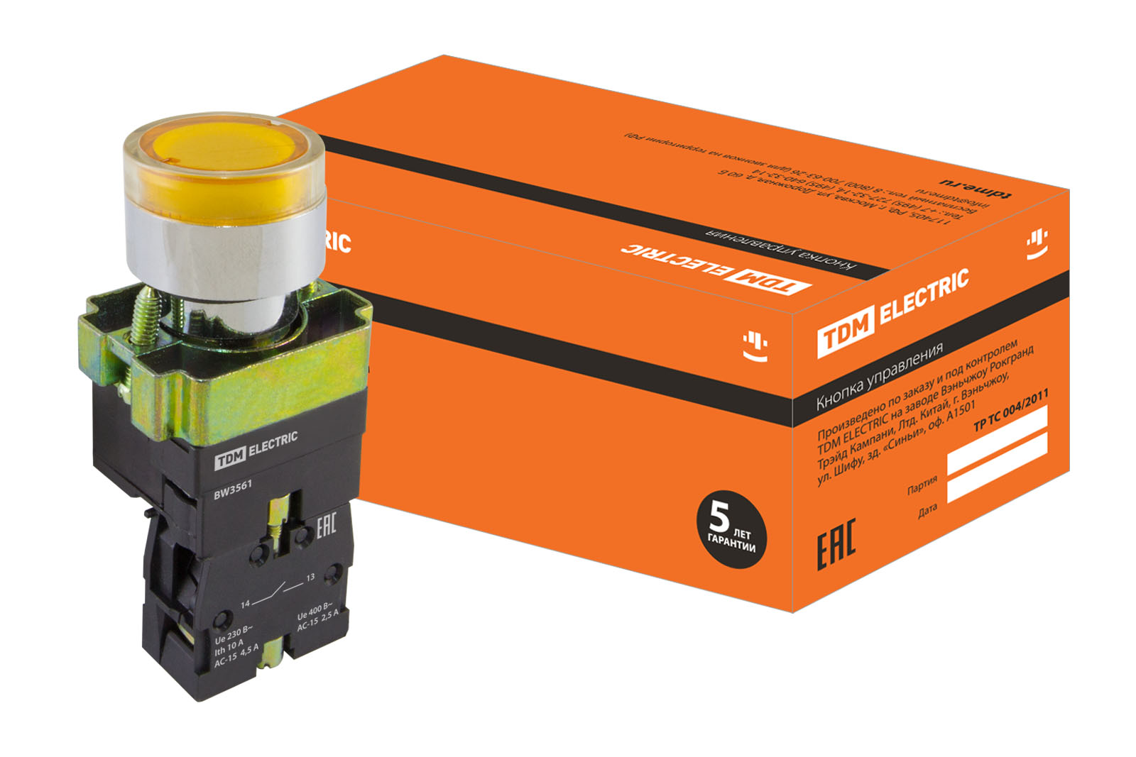 Кнопка SB2-BW3561 з поверненням, 1НО, d22 мм, 230 В LED, жовта, IP40 TDM