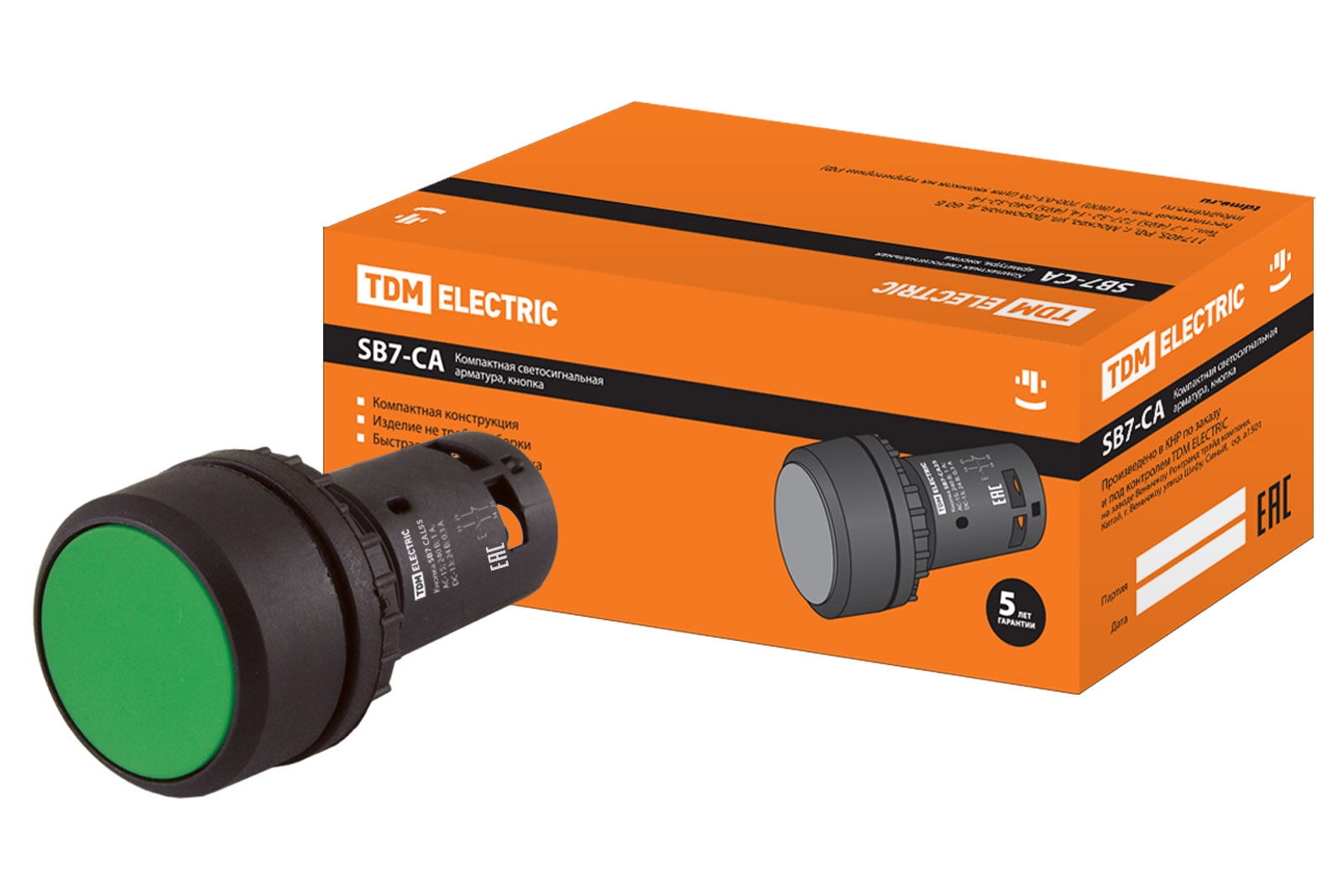 Кнопка SB7-CAL35 з фіксацією, 1НО+1НЗ, d22 мм, зелена, IP54 TDM