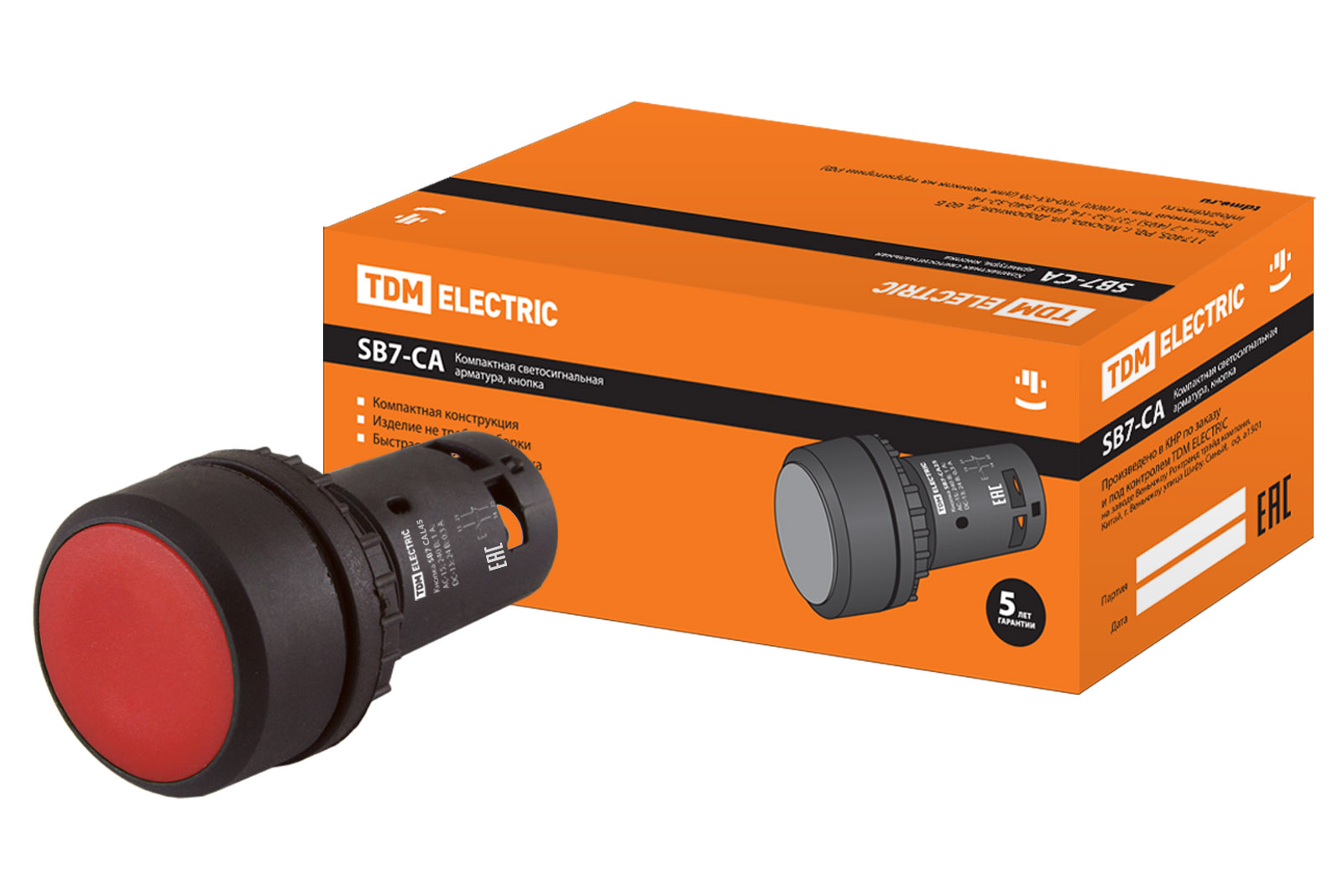 Кнопка с фиксацией SB7-CAL45 d22мм 1з+1р красная TDM(SQ0746-0015)