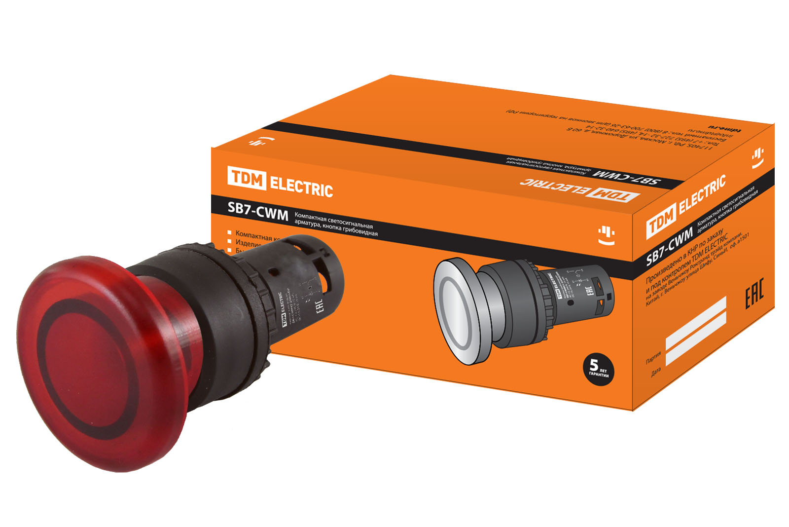 Кнопка грибовидна SB7-CWM42 з поверненням, 1НЗ, 220 В LED, d35 мм, червона, IP40 TDM