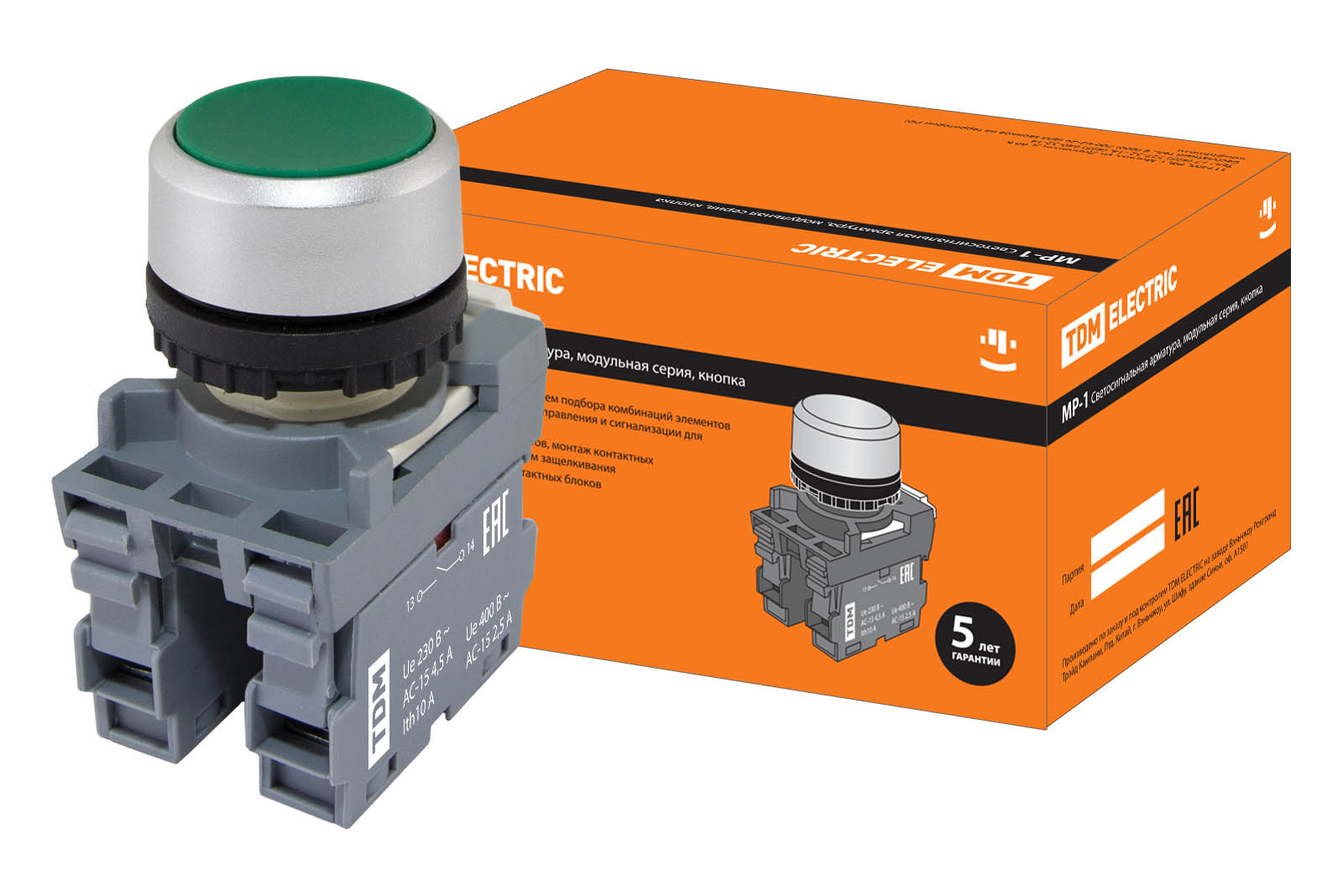 Кнопка MP1-20G в сборе d22мм 1з+1р зеленая TDM(SQ0747-0002)