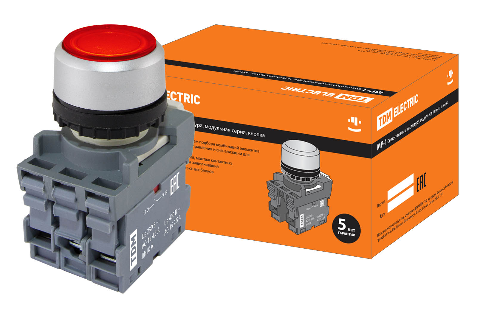 Кнопка MP1-21R(LED) у збірці d22мм/24В 1з+1р червона TDM
