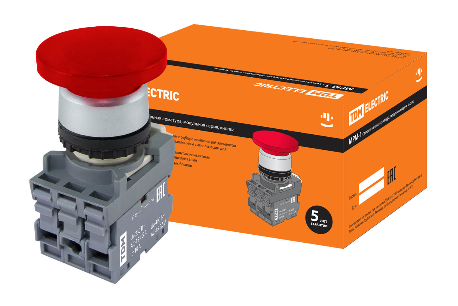 Кнопка грибовидная МРМ1-10R в сборе d40мм 1з+1р красная TDM(SQ0747-0029)