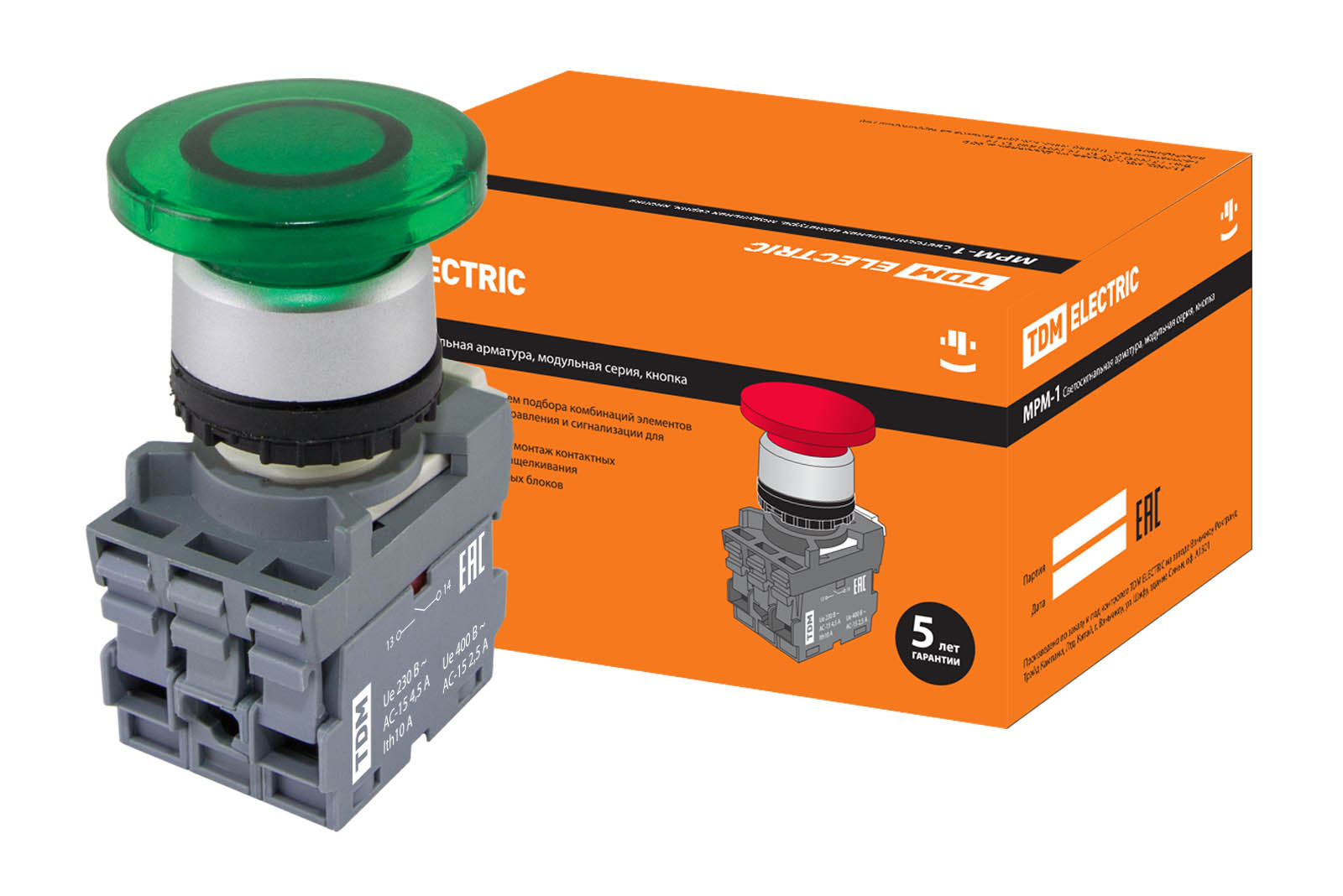 Buton tip ciupercă MPM1-11G(LED) în ansamblu d40mm/24V 1z+1r verde TDM