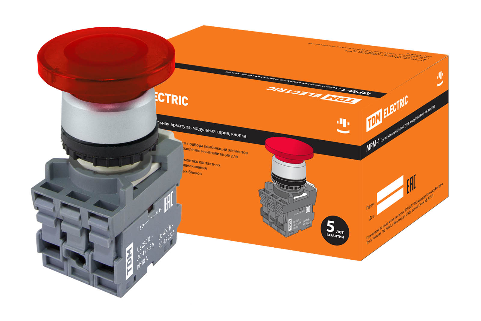 Buton tip ciupercă MPM1-11R(LED) în ansamblu d40mm/220V 1z+1r roșu TDM