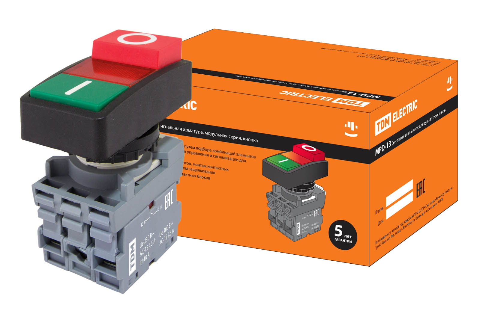 Buton dublu MPD13-11R (verde/roșu-proeminent) (LED) d22mm/220V (I/O) lentilă roșie TDM