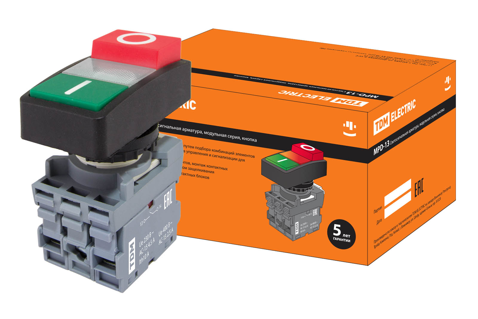 Кнопка двойная MPD13-11С (зел/кр-выступ) (LED) d22мм/24В (I/O) линза прозрач(SQ0747-0042)