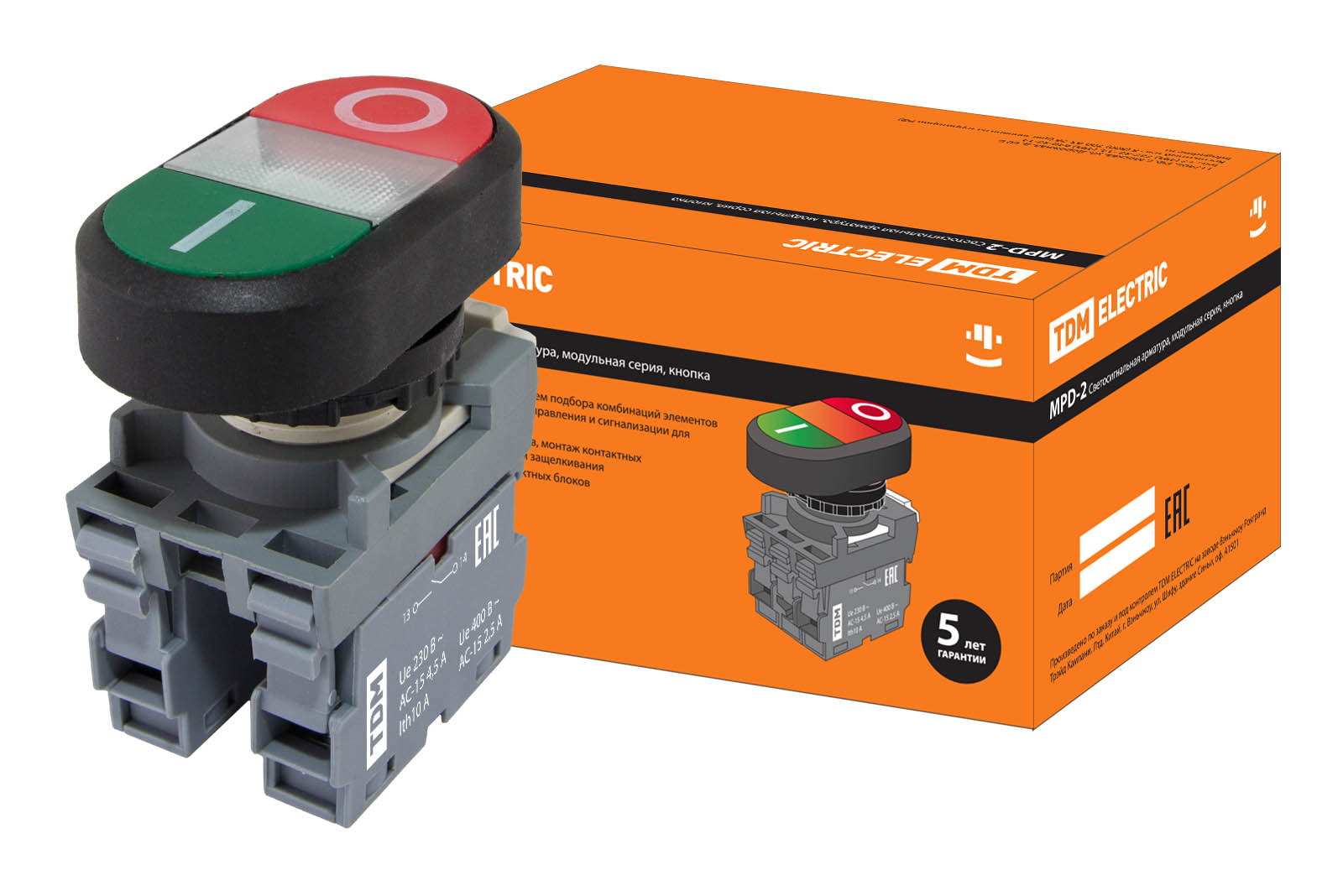 Кнопка двойная MPD2-11С (зел/кр) (LED) в сборе d22мм/220В (I/O) линза прозрач(SQ0747-0049)