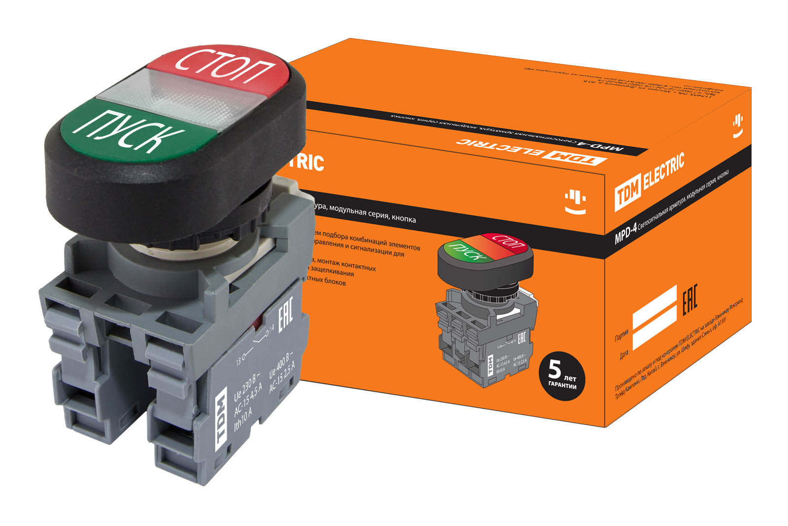 Кнопка двойная MPD4-11С (зел/кр)(LED) в сборе d22мм/220В (ПУСК/СТОП) линза прозрач(SQ0747-0057)