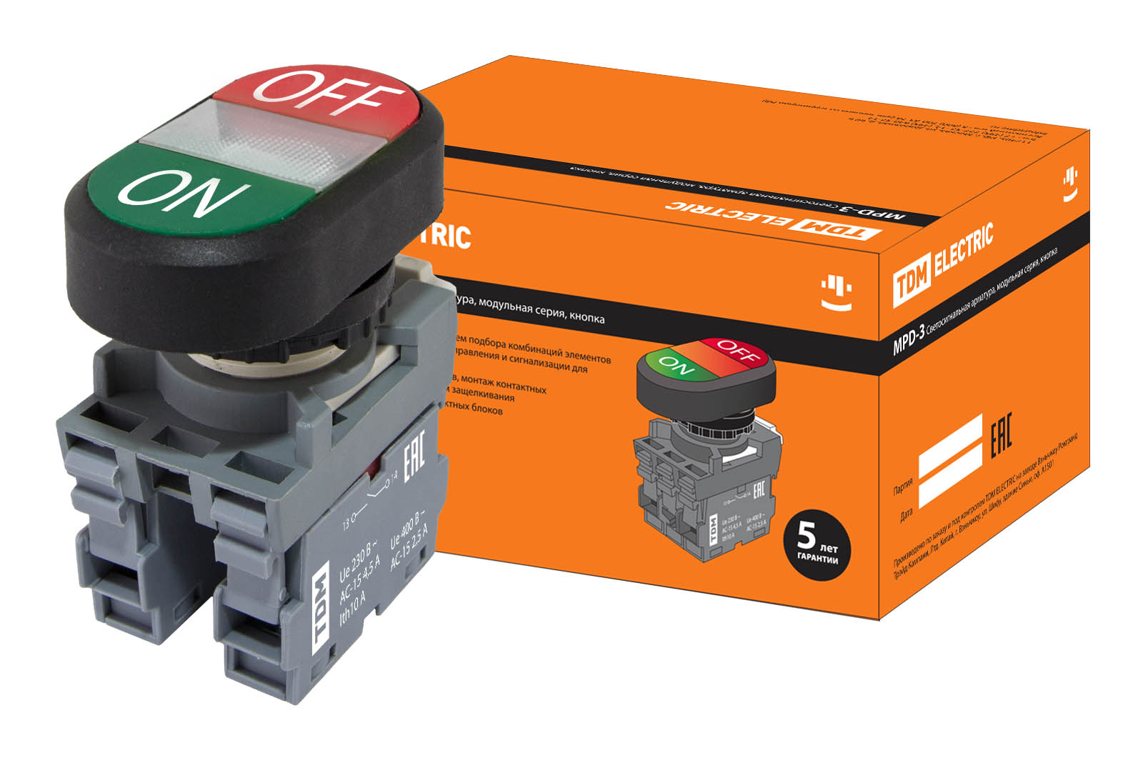 Buton dublu MPD3-11С (verde/roșie) (LED) în ansamblu d22mm/24V (ON/OFF) lentilă transparentă TDM