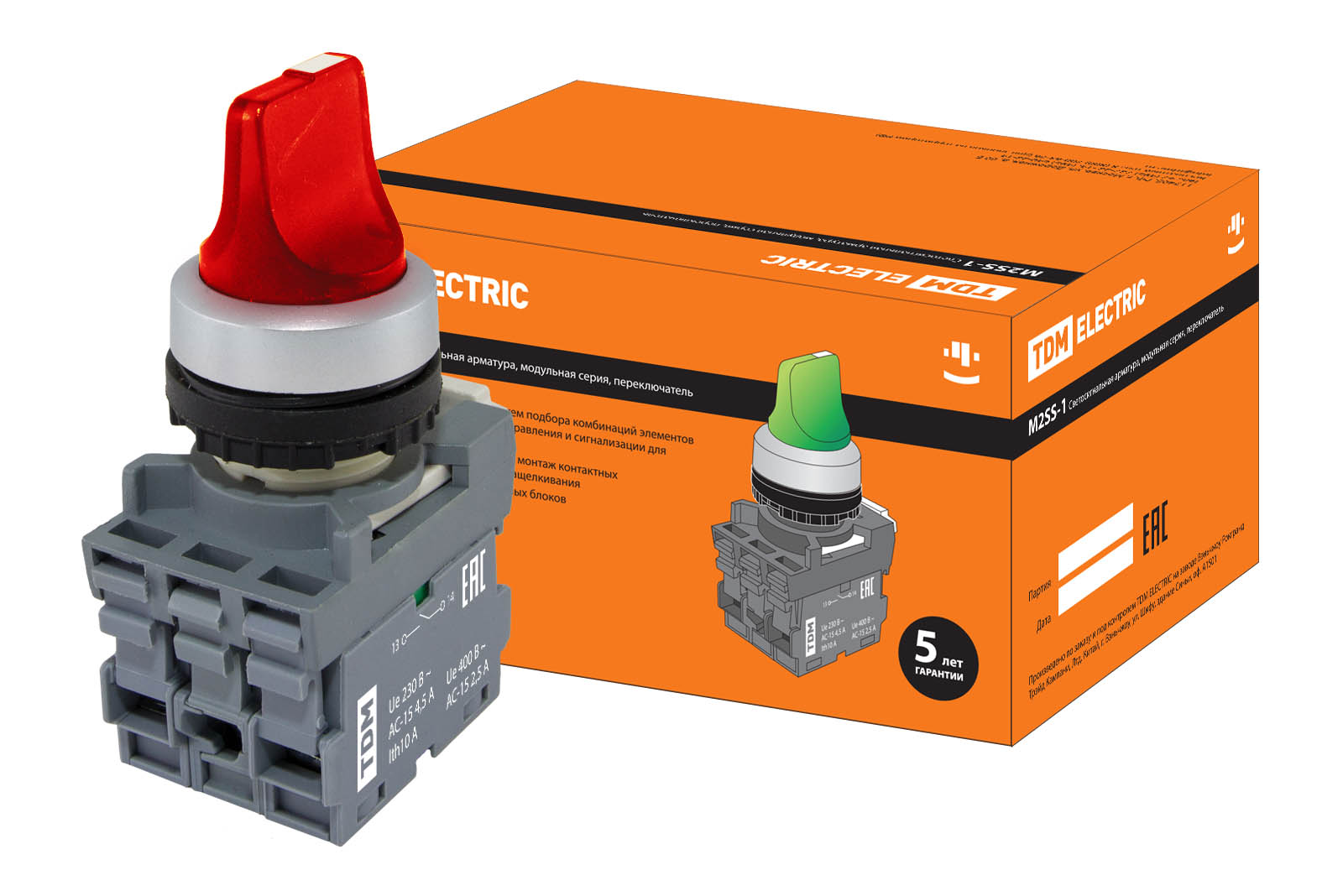 Перемикач на 2 положення з фіксацією M2SS1-21R коротка ручка(LED) d22мм/220B 1з+1р червоний TDM