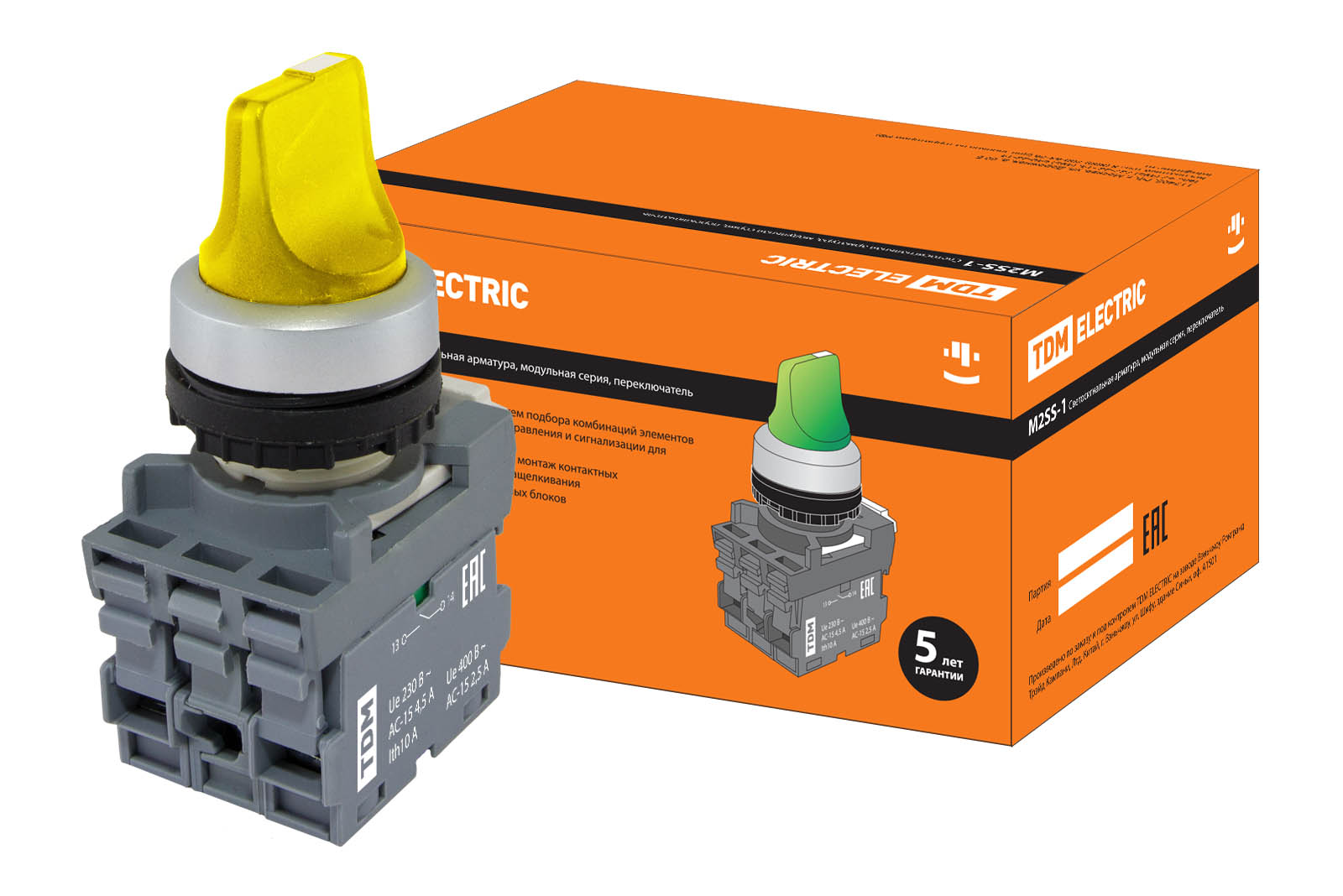 Comutator cu 2 poziții cu fixare M2SS1-21Y manetă scurtă(LED) d22мм/220B 1з+1р galben TDM