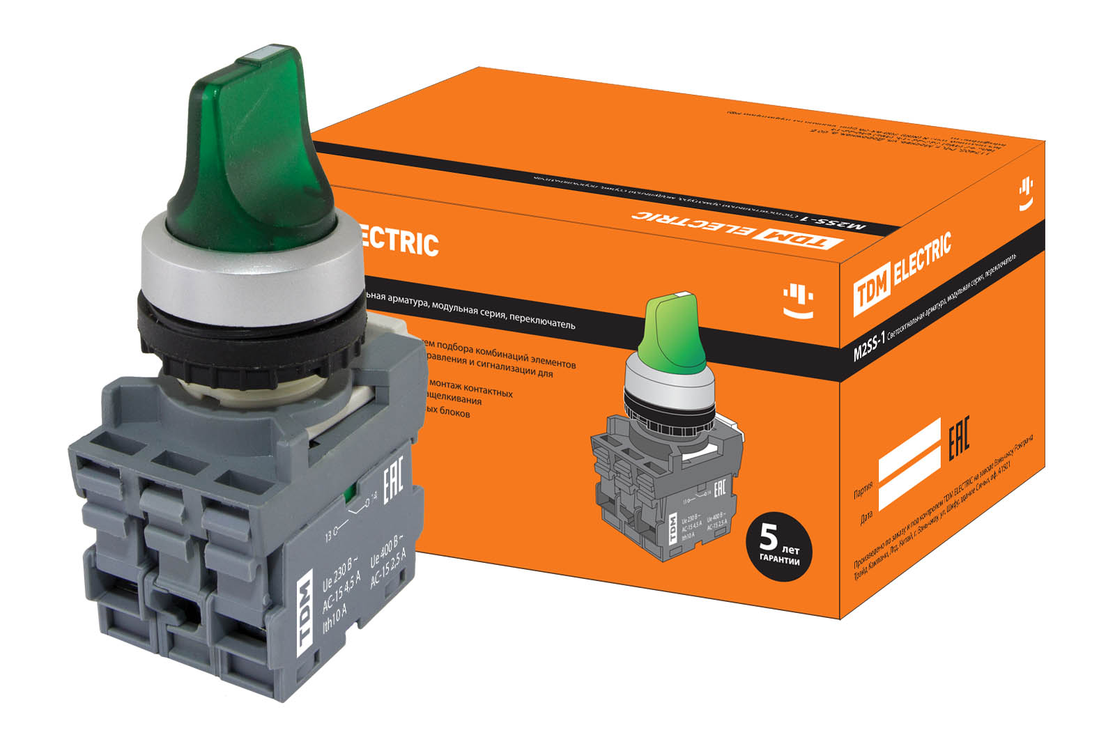 Переключ на 3 полож с фикс M3SS1-21G короткая ручка(LED) d22мм/220B 1з+1р зел(SQ0747-0075)