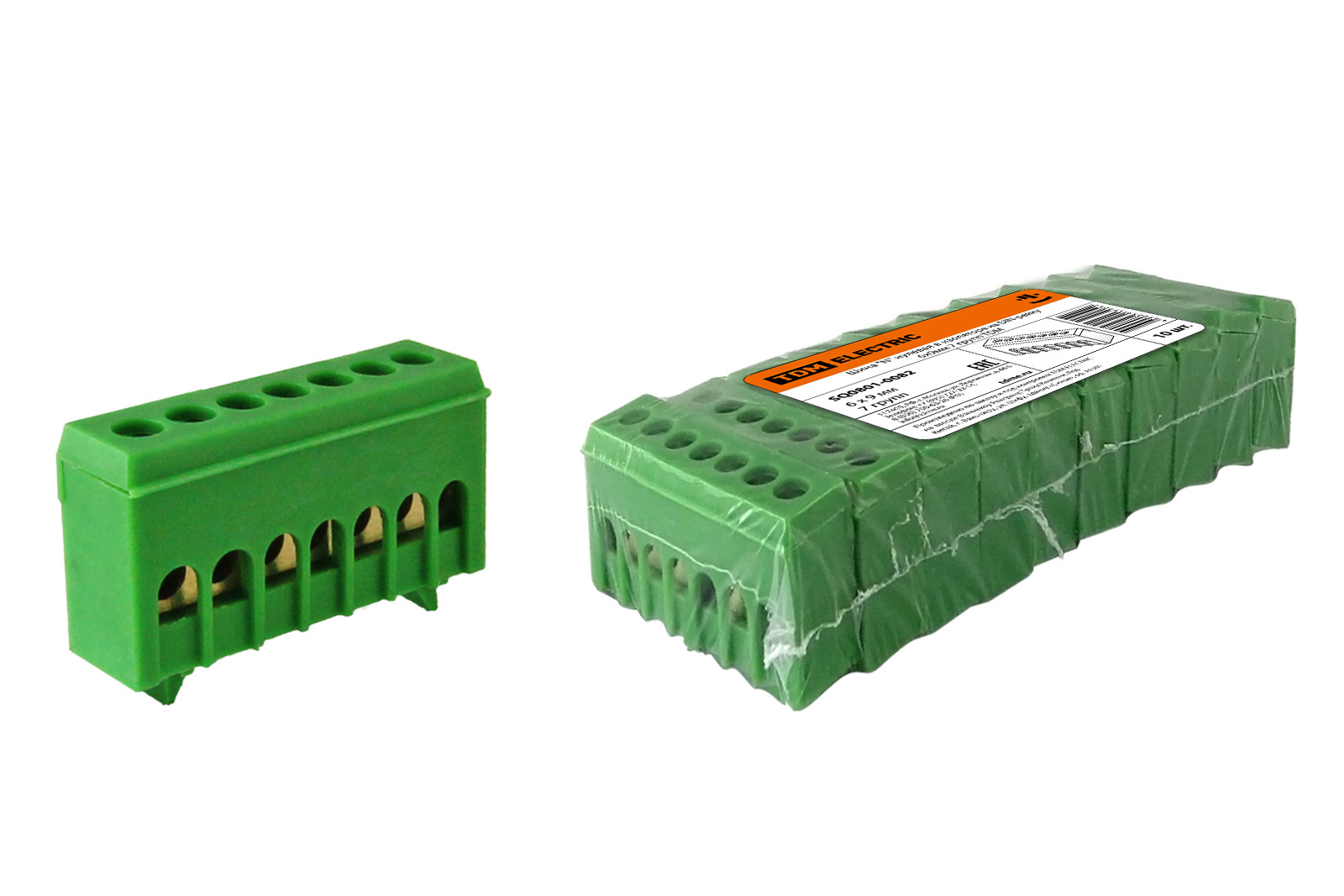 Șină "N" neutră în izolator verde pe șină DIN 6x9mm 7 grupuri TDM