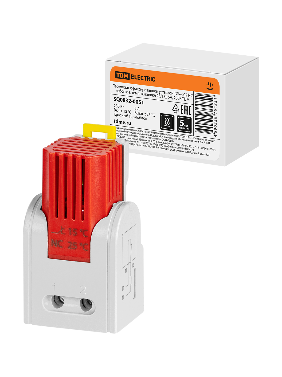 Termostat cu setare fixă TFU-002 NC (încălzire, temp. oprire/pornește 25/15), 5 A, 230 V TDM