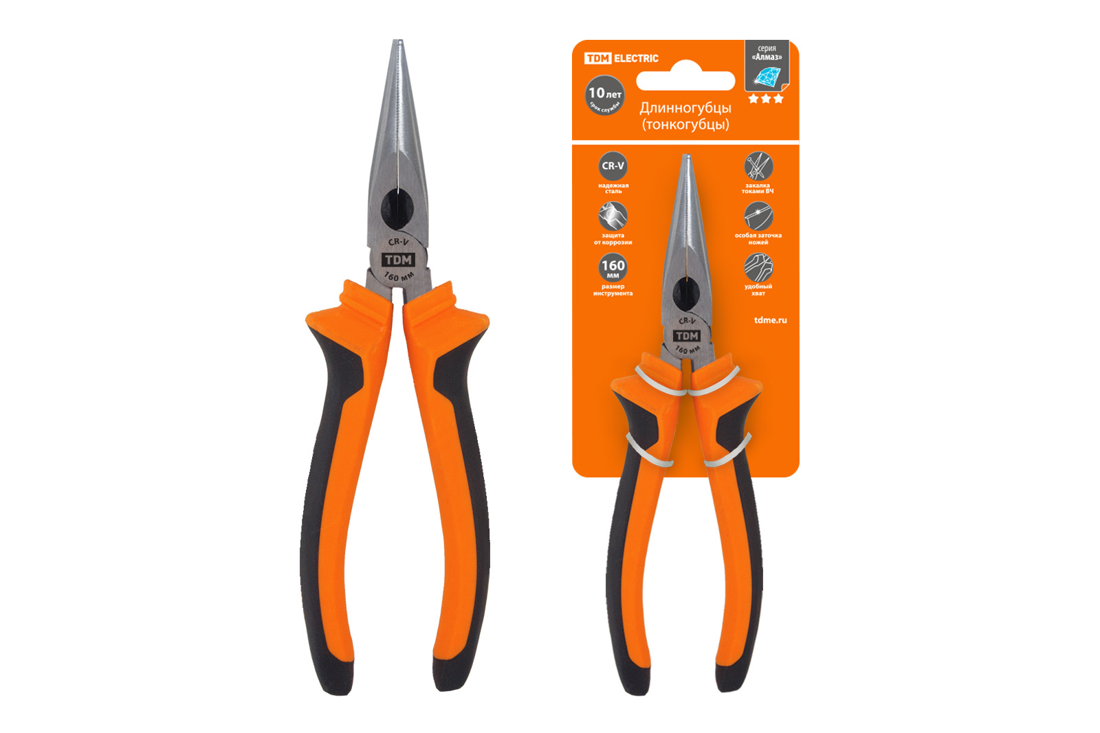 Clește lungi (clește subțire), cu mânere din două componente, oțel CR‑V, 160 mm, seria "Almaz" TDM
