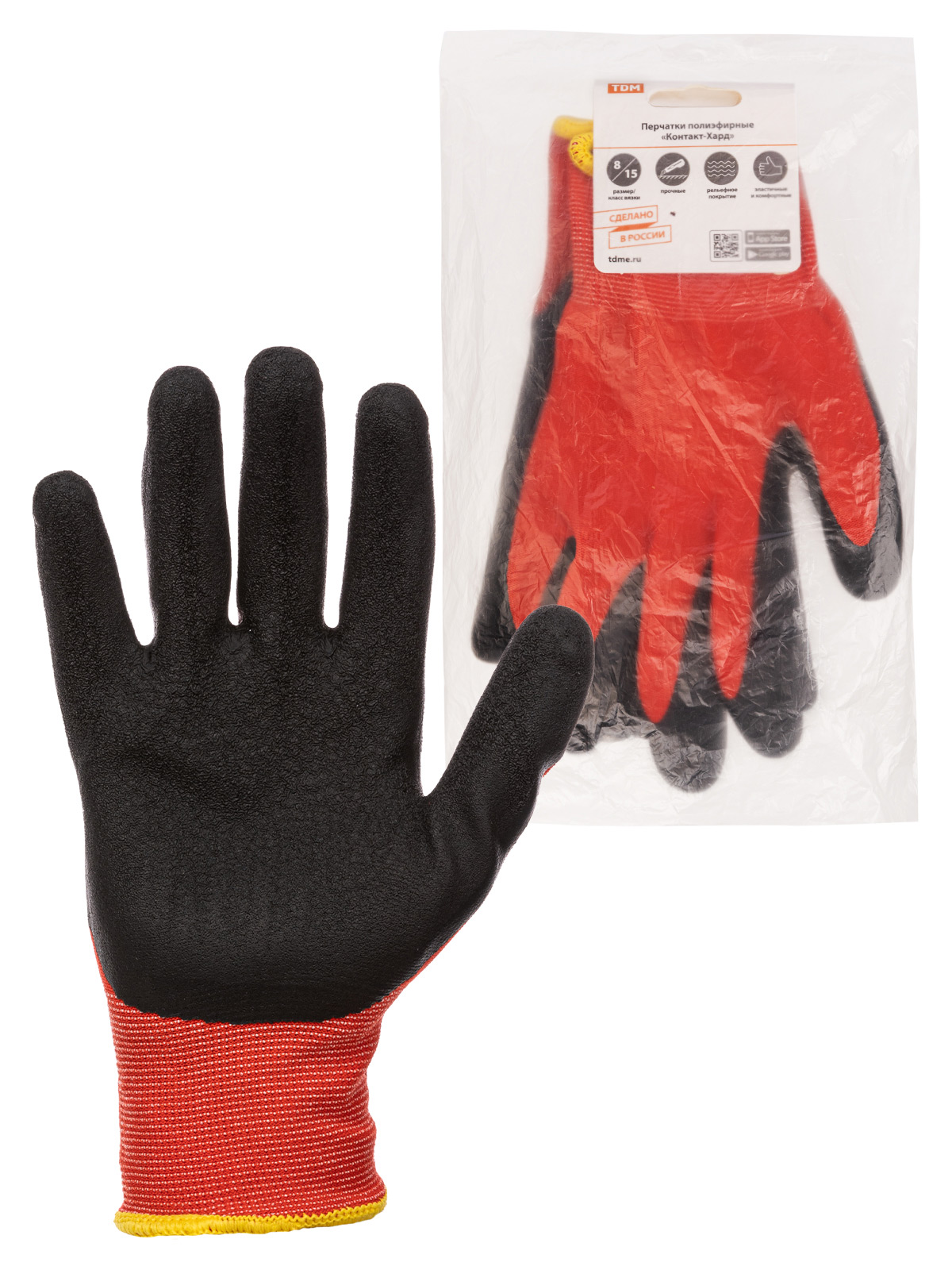 Mănuși din poliester "Contact-Hard", acoperire latex texturată, 8, 15 cl., 56-57 g, 1 pereche, TDM