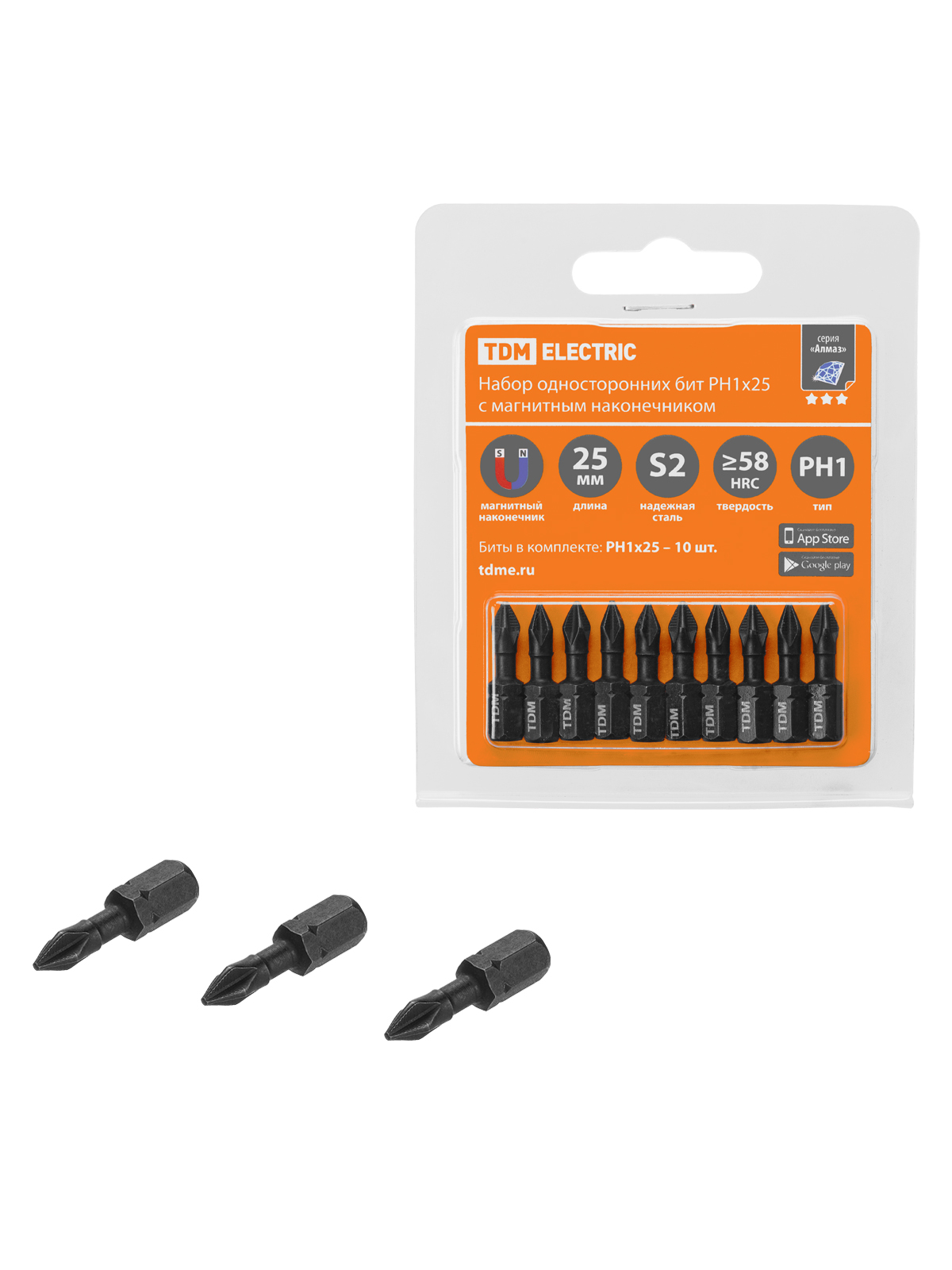Set de biți PH1x25, unică față, oțel S2, E 1/4", magnetizați, torțion, 10 buc., „Almaz” TDM