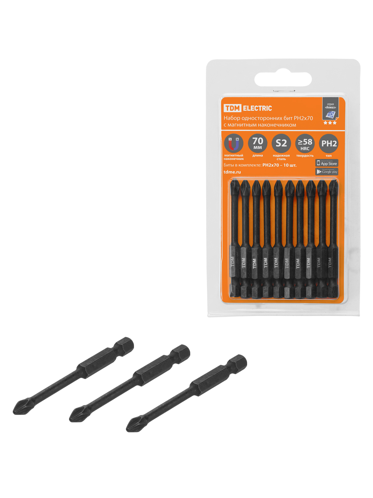 Set de biți PH2x70, unidirecționali, oțel S2, E 1/4", magnetizați, torționați, 10 buc., „Almaz” TDM
